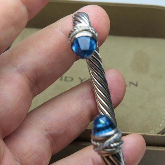 David Yurman Diamond & Blue Topaz 7mmm Cable Bangle - Picture 4 of 9